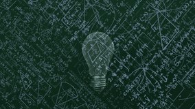Glowing lightbulb silhouette floating over chalkboard showing math formulas and geometry diagrams. Innovation, education, brainstorming, creativity, science, technology, inspiration - Powered by Shutterstock - Get 15% off with code: PIKWIZARD15