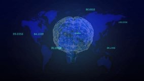 Translucent 3D brain model floating over dark blue grid with glowing neural paths and data labels. Technology, innovation, analytics, neuroscience, digital, data, interface - Powered by Shutterstock - Get 15% off with code: PIKWIZARD15