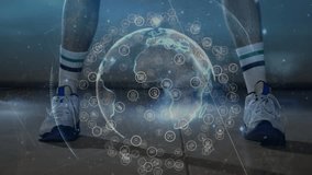 male basketball player holding ball on court showing technology with hologram, network icons, data. Athlete, sports, innovation, digital, futuristic, visualization, training - Powered by Shutterstock - Get 15% off with code: PIKWIZARD15