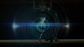 Players dribbling and defending below basketball hoop with lights, digital overlay for sports tech. Athletic, competition, dynamic, futuristic, intensity, vigor, team - Powered by Shutterstock - Get 15% off with code: PIKWIZARD15