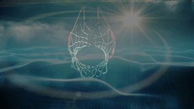 Wireframe basketball hoop net being rendered glowing 3D over blue waves with neon spotlight flares. Neon, futuristic, digital, abstract, vibrant, technology, motion - Powered by Shutterstock - Get 15% off with code: PIKWIZARD15