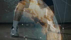 Male basketball player dribbling in sports studio, projecting holographic globe with network nodes. Athletics, innovation, futuristic, sport, technology, fitness, digital - Powered by Shutterstock - Get 15% off with code: PIKWIZARD15