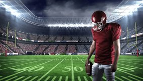 male footballer grasping ball on turf while animated lightning icons data graph boosting sports ads. Athlete, stadium, action, competition, energy, crowd, nighttime - Powered by Shutterstock - Get 15% off with code: PIKWIZARD15
