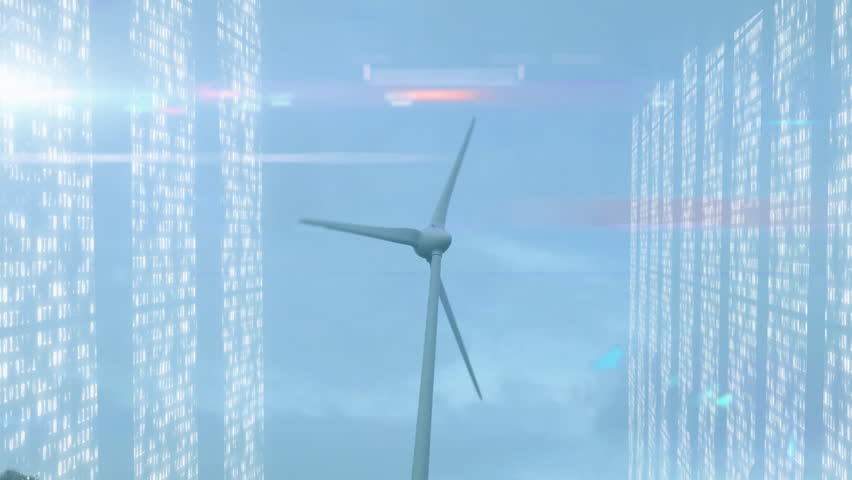 Three-bladed wind turbine tower spinning in sky, displaying translucent panels with binary code. Renewable, technology, futuristic, digital, innovation, cleanenergy, data visualization - Powered by Shutterstock - Get 15% off with code: PIKWIZARD15