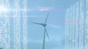 Three-bladed wind turbine tower spinning in sky, displaying translucent panels with binary code. Renewable, technology, futuristic, digital, innovation, cleanenergy, data visualization - Powered by Shutterstock - Get 15% off with code: PIKWIZARD15