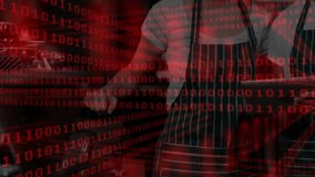 couple prepping meal at kitchen countertop, with red binary code overlay illustrating food tech. Couple, culinary, digital, modern, lifestyle, teamwork, innovation - Powered by Shutterstock - Get 15% off with code: PIKWIZARD15