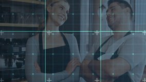 Baristas standing behind counter in coffee shop, showing turquoise grid overlay with animated icons. Caffeine, brewing, commercial, modern, teamwork, collaboration, vibrant - Powered by Shutterstock - Get 15% off with code: PIKWIZARD15