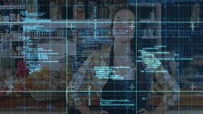 bakery clerk showcasing bread with transparent code overlay floating over counter in digital bakery. Artisan, culinary, rustic, contemporary, craft, innovation, hospitality - Powered by Shutterstock - Get 15% off with code: PIKWIZARD15