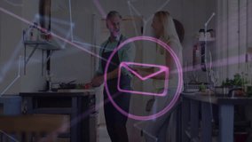 Couple preparing meal on kitchen island, showcasing heart icon and network lines for technology. Cooking, collaboration, modern, lifestyle, digital, connection, culinary - Powered by Shutterstock - Get 15% off with code: PIKWIZARD15