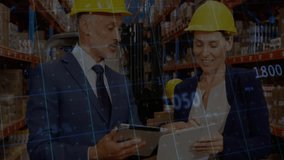 Supervisors inspecting warehouse racks using tablet and clipboard, displaying floating graphs. Logistics, supply chain, industrial, data analysis, teamwork, productivity, corporate environment - Powered by Shutterstock - Get 15% off with code: PIKWIZARD15