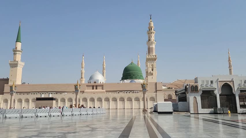 Nabawi mosque tower decorated with umbrellas