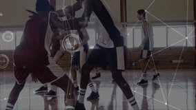 Male players dribbling basketball in gym, displaying sports tech with network nodes overlay. Athletics, competition, teamwork, training, fitness, sport, digital - Powered by Shutterstock - Get 15% off with code: PIKWIZARD15