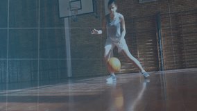 Trainee dribbling basketball beside coach holding briefcase in gym, overlaying grid tech spheres. Athlete, professional, futuristic, sports, training, technology, fitness - Powered by Shutterstock - Get 15% off with code: PIKWIZARD15