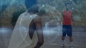 Three male basketball players shooting on outdoor court, showing transparent data analytics overlay. Athletics, teamwork, recreation, fitness, urban, dynamic, motion - Powered by Shutterstock - Get 15% off with code: PIKWIZARD15