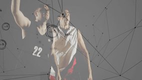 Two male athletes examining basketball hoop and net on court, with animated sports tech overlay. Athletes, teamwork, fitness, sports technology, data visualization, digital network, dynamic - Powered by Shutterstock - Get 15% off with code: PIKWIZARD15