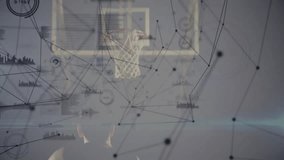 Male athlete raising arms in gymnasium featuring sports analytics with network nodes and bar charts. Athlete, digital surfacing, futuristic, sports analytics, data visualization, fitness, performance - Powered by Shutterstock - Get 15% off with code: PIKWIZARD15