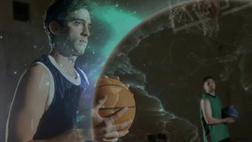 Male athlete holding basketball on court, showing network sphere, hoop highlighting sports tech. Athlete, sportswear, holographic, digital, futuristic, motion, technology - Powered by Shutterstock - Get 15% off with code: PIKWIZARD15