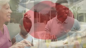 family members leaning over glass table on patio, displaying transparent marketing overlay. Family, gathering, outdoor, lifestyle, candid, vibrant, nature - Powered by Shutterstock - Get 15% off with code: PIKWIZARD15