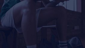 Adult female athlete sitting on bench, tracking basketball stats with floating sports data charts. Athlete, fitness, innovation, technology, performance, gym, visualization - Powered by Shutterstock - Get 15% off with code: PIKWIZARD15