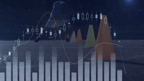 Teammates sprinting through cone drill on night court, overlaying financial candlestick line charts. Athletes, teamwork, agility, sport, training, motion, performance - Powered by Shutterstock - Get 15% off with code: PIKWIZARD15