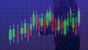 Man wearing red hoodie holding smartphone in trading interface, displaying candlestick charts. Futuristic, technology, finance, analysis, digital, visualization, innovation - Powered by Shutterstock - Get 15% off with code: PIKWIZARD15