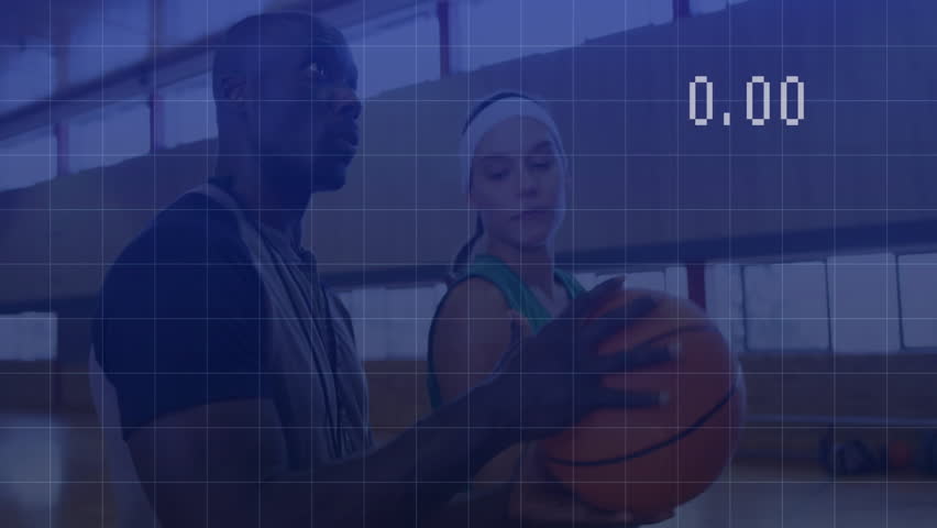 Woman gripping basketball while man blocking on court, showcasing sports analytics grid with 100.00. Athletics, competition, training, dynamic, energetic, sport, fitness