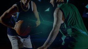 two male players shooting orange basketball and blocking under digital tech globe network overlay. Athleticism, digitalinnovation, competitive, futuristic, sportstech, teamwork, high-tech - Powered by Shutterstock - Get 15% off with code: PIKWIZARD15