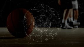 Sports analytics featuring basketball on hardwood court, digital node line overlay behind players. Athletic, competition, high tech, dynamic, fitness, motivation, strategy - Powered by Shutterstock - Get 15% off with code: PIKWIZARD15