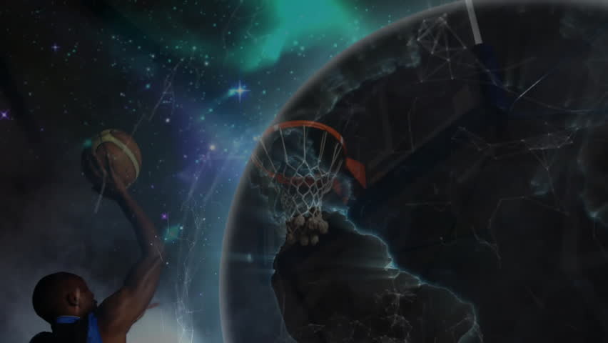 Basketball hoop rim orbiting cosmic galaxy, showcasing sports tech network planet and mist effect. Space, futuristic, technology, constellation, innovation, adventure, digital