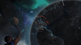 Basketball hoop rim orbiting cosmic galaxy, showcasing sports tech network planet and mist effect. Space, futuristic, technology, constellation, innovation, adventure, digital - Powered by Shutterstock - Get 15% off with code: PIKWIZARD15