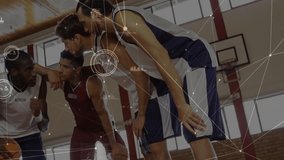 Male basketball teammates discussing sports strategy on court, overlaying animated play diagram. Athletics, teamwork, competition, discipline, motivational, dynamic, exercise - Powered by Shutterstock - Get 15% off with code: PIKWIZARD15