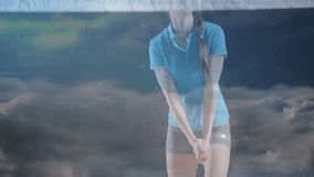 Woman athlete executing forearm pass over volleyball net, showing sports technology network overlay. Athlete, sports, digital, technology, network, fitness, performance - Powered by Shutterstock - Get 15% off with code: PIKWIZARD15