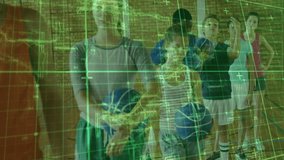 Basketball team lining up on court by brick wall, showing holographic green grid analytics overlay. Athletes, teamwork, digital, futuristic, sports, urban, motion - Powered by Shutterstock - Get 15% off with code: PIKWIZARD15
