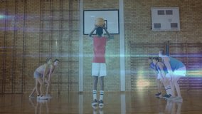 Teen boy shooting basketball in sports training, teammates waiting with digital network icons. Athletes, teamwork, training, sports, digital interface, fitness, sportmanship - Powered by Shutterstock - Get 15% off with code: PIKWIZARD15