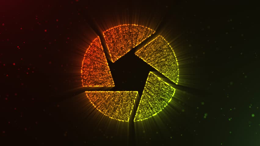 Abstract image of a camera aperture, glowing with particle effects, against a dark background. Ideal for technology or design visuals.