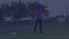 Teenage male goalkeeper standing on sports training field, showing digital overlay icons and stats. Athletic, outdoor, sporty, digital, competitive, energy, modern - Powered by Shutterstock - Get 15% off with code: PIKWIZARD15