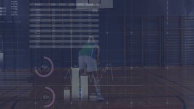 female athlete analyzing shot on basketball court, showing analytics world map and pie charts. Sport, performance, data visualization, fitness, enterprise, modern, technology - Powered by Shutterstock - Get 15% off with code: PIKWIZARD15