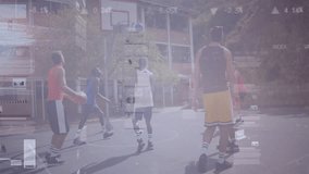 Six men playing basketball on outdoor court, showing translucent data charts for sports analytics. Athletics, teamwork, fitness, competition, urban, vibrant, active - Powered by Shutterstock - Get 15% off with code: PIKWIZARD15