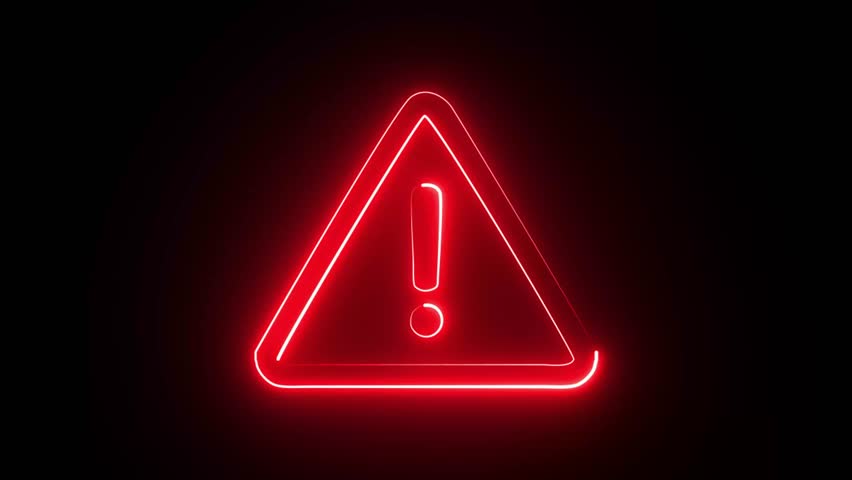 A neon red exclamation mark inside a warning triangle on a black backdrop, signifying caution or attention.