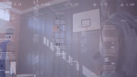 Coach guiding athlete practicing shots while sports tech graphs and data overlays moving around gym. Athletes, training, modern, technology, fitness, performance, gym - Powered by Shutterstock - Get 15% off with code: PIKWIZARD15