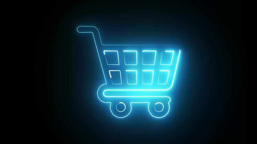 An illuminated blue shopping cart icon glows against a deep black background, symbolizing online shopping and retail.
