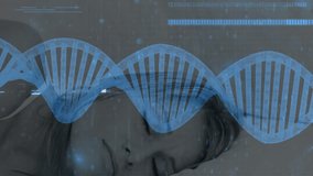 Woman interacting with virtual technology, presenting holographic DNA helix and streaming code. Futuristic, digital, biotech, innovation, virtual, abstract, holographic - Powered by Shutterstock - Get 15% off with code: PIKWIZARD15