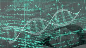 Woman sleeping on pillow amid biotech, displaying turquoise DNA helix grid molecular icons and code. Biotech, medical, futuristic, innovation, health, science, technology - Powered by Shutterstock - Get 15% off with code: PIKWIZARD15