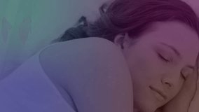 woman resting on bed, showcasing biotech DNA helix animation with floating starfield overlay. Sedative, tranquility, futuristic, wellness, healthcare, sleep, serenity - Powered by Shutterstock - Get 15% off with code: PIKWIZARD15