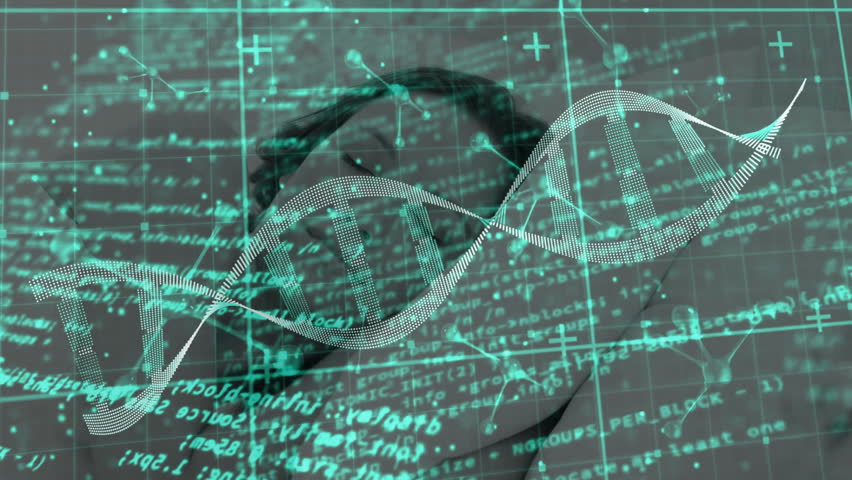 Woman lying flat with head on hand in science simulation, showing DNA helix, code and grid. Futuristic, biotech, innovation, digital, research, connectivity, high-tech - Powered by Shutterstock - Get 15% off with code: PIKWIZARD15