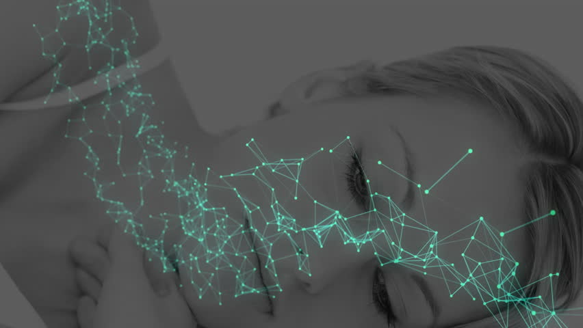 adult female lying on studio surface, showing teal network mesh mapping face for technology. Futuristic, serenity, digital, biometrics, innovation, minimalism, science - Powered by Shutterstock - Get 15% off with code: PIKWIZARD15