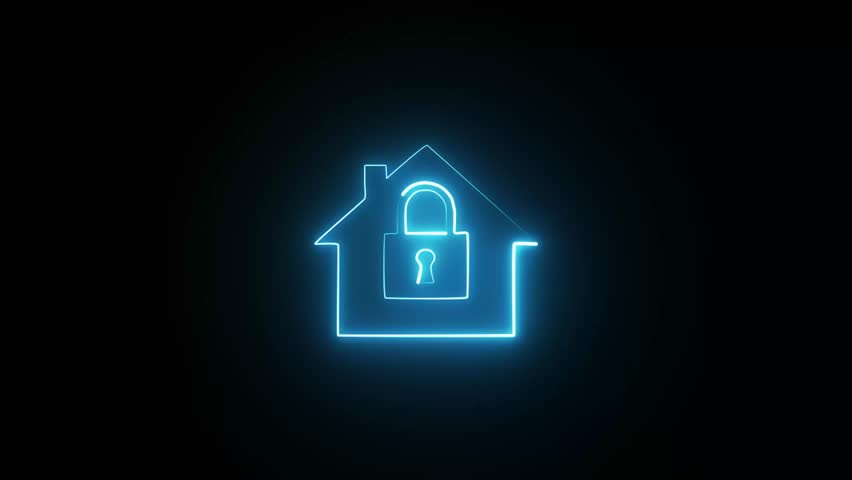 A glowing blue outline of a house with a padlock symbol, representing home security against a black background.