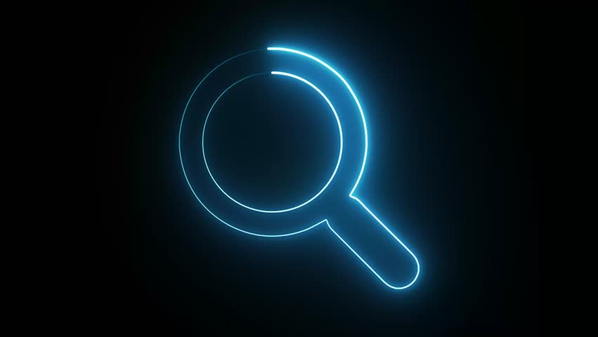 A glowing blue neon magnifying glass icon set against a stark black background. This image signifies search and discovery.