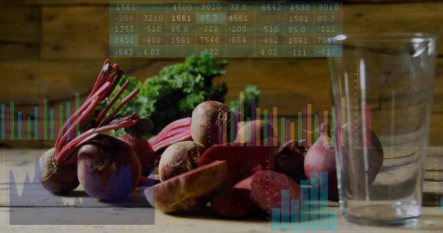 Beetroot cluster pouring red juice into tall glass, showing data overlays in flat design. Organic, health, nutrition, minimalist, vibrant, wellness, natural