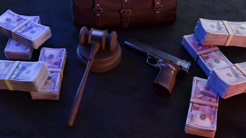 Money bales on the asphalt, justice and crime, Symbol of corruption, violence, greed, mischief 2
